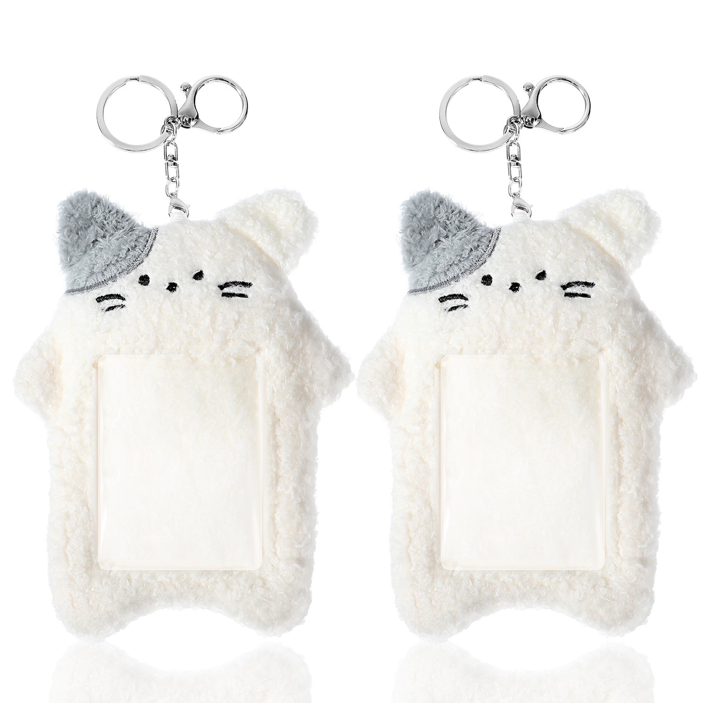 Guduling 2 Pcs Cartoon Plush Photocard Holder,Plush Cartoon Photocard Sleeves,Kawaii White Cat Card Cover,Protective ID Card Holder with Anti-Loss Keyring(White)