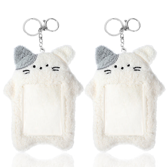 Guduling 2 Pcs Cartoon Plush Photocard Holder,Plush Cartoon Photocard Sleeves,Kawaii White Cat Card Cover,Protective ID Card Holder with Anti-Loss Keyring(White)