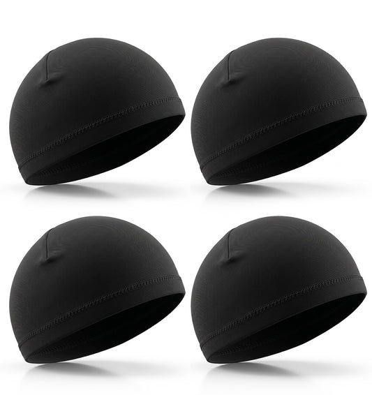 4Pcs Wave Cap, Skull Caps for Men for 360 540 720 Waves Durag-Style Hair Bonnet for Sleeping & Shower with Stretchy Band (Black)