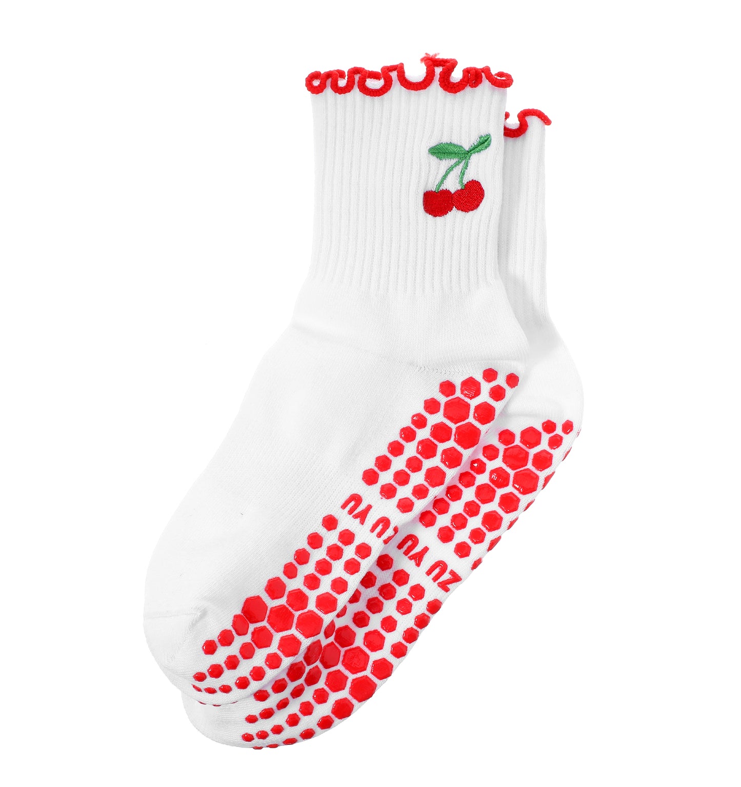 Cherry Pilates Socks, 1Pair Non-slip Grippy Yoga Socks for Women with Ruffle and Lace Design for Barre Workout