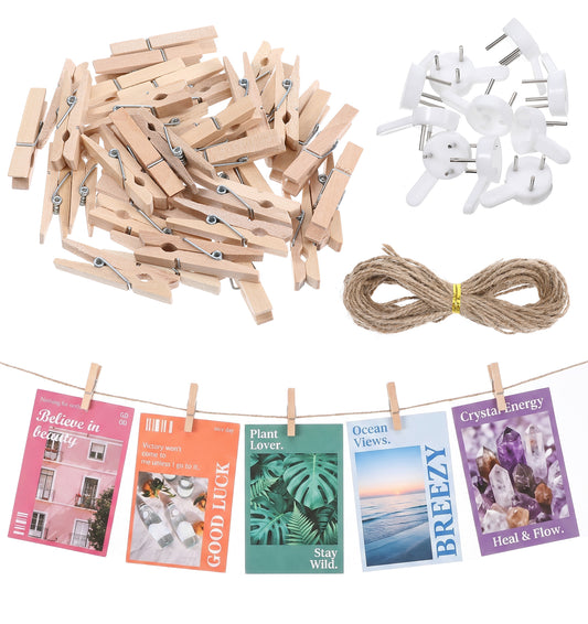 1 Pcs Mini Pegs and String for Photos, Photo Pegs Hanging Set 32.8 Ft