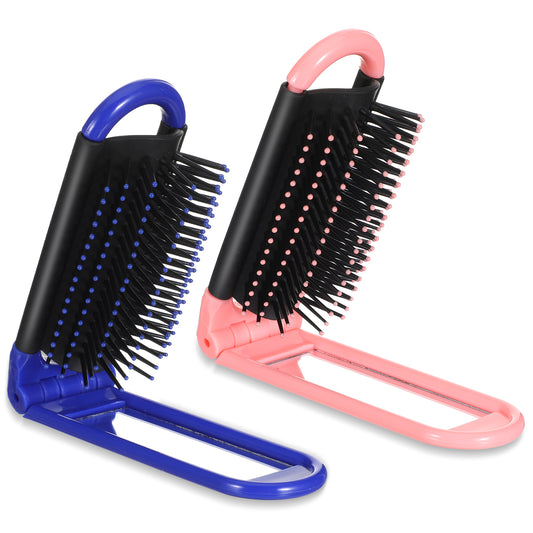 Classicseali 2pcs Folding Hair Brush with Mirror, Small Hair Brushes for Handbag, Mini Hair Brush, Travel Hairbrush, Compact Hairbrush for Women and Men, Portable Hair Styling Tools (Pink, Blue)