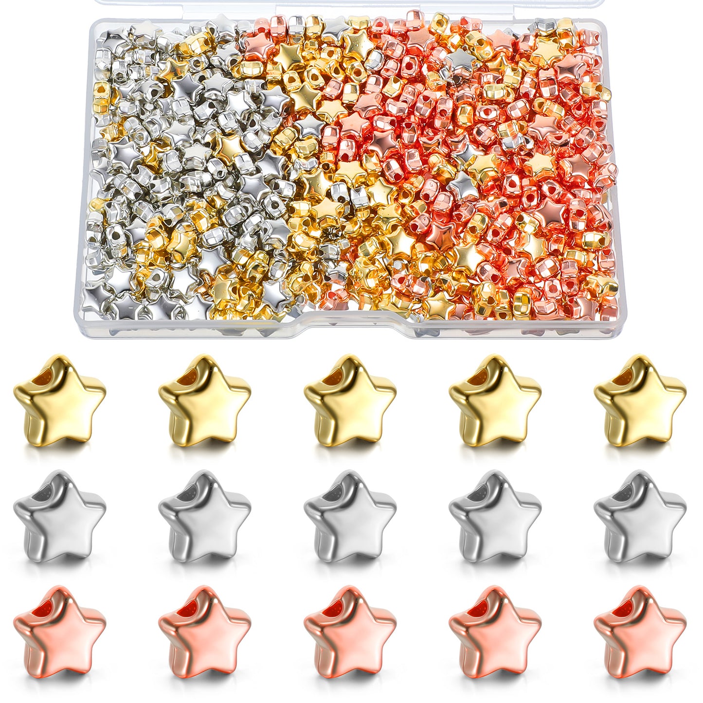 Oruola 600Pcs Star Beads for Bracelet Making,6mm Plastic Beads for Bracelets, Gold/Rose Gold/Silver Large Hole Star Beads with Storage Box for Jewelry Bracelet DIY Making