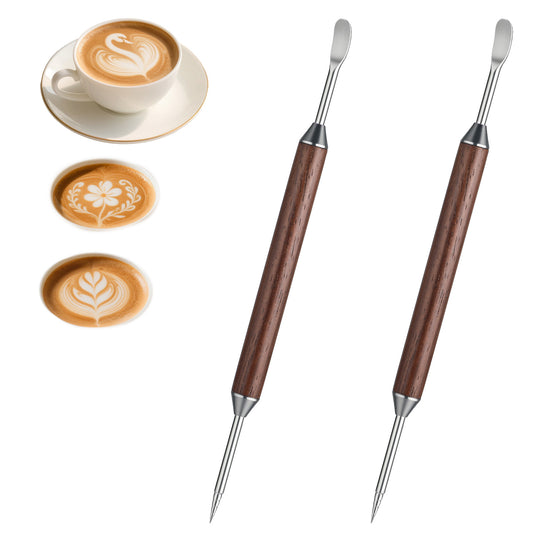 oruola 2 Pack Latte Art Pen, Stainless Steel Latte Pen, Lattes Art Tools with Wood Handle, Barista Accessories, for Espresso Designs, Home and Cafe Use