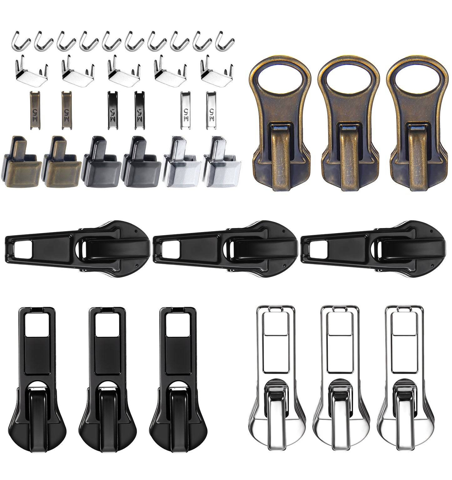 39 Pcs Zipper Replacement, Sliders with Pulls, Retainer Boxes & Insertion Pins, Multi-Color Zipper Repair for Coat & Bag Repair