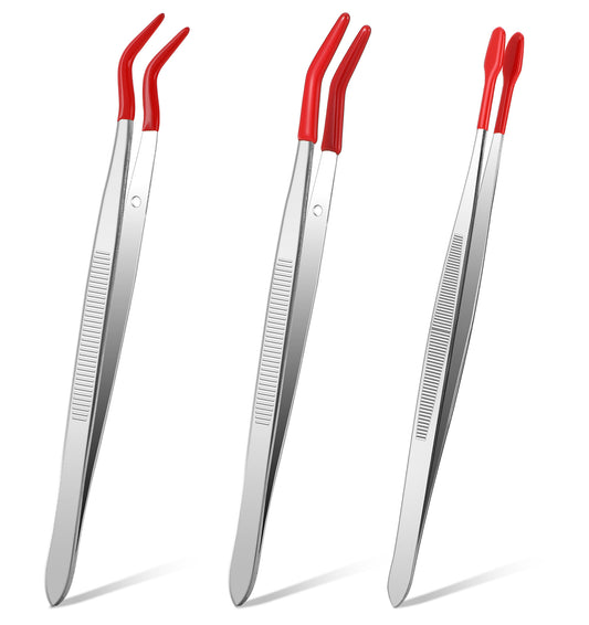 Tweezers for Crafting, 3PCS Craft Tweezers Tips Long Bent and Straight Flat Tip Tweezers for Crafts Stamps Coin Beads Jewelry (Red)