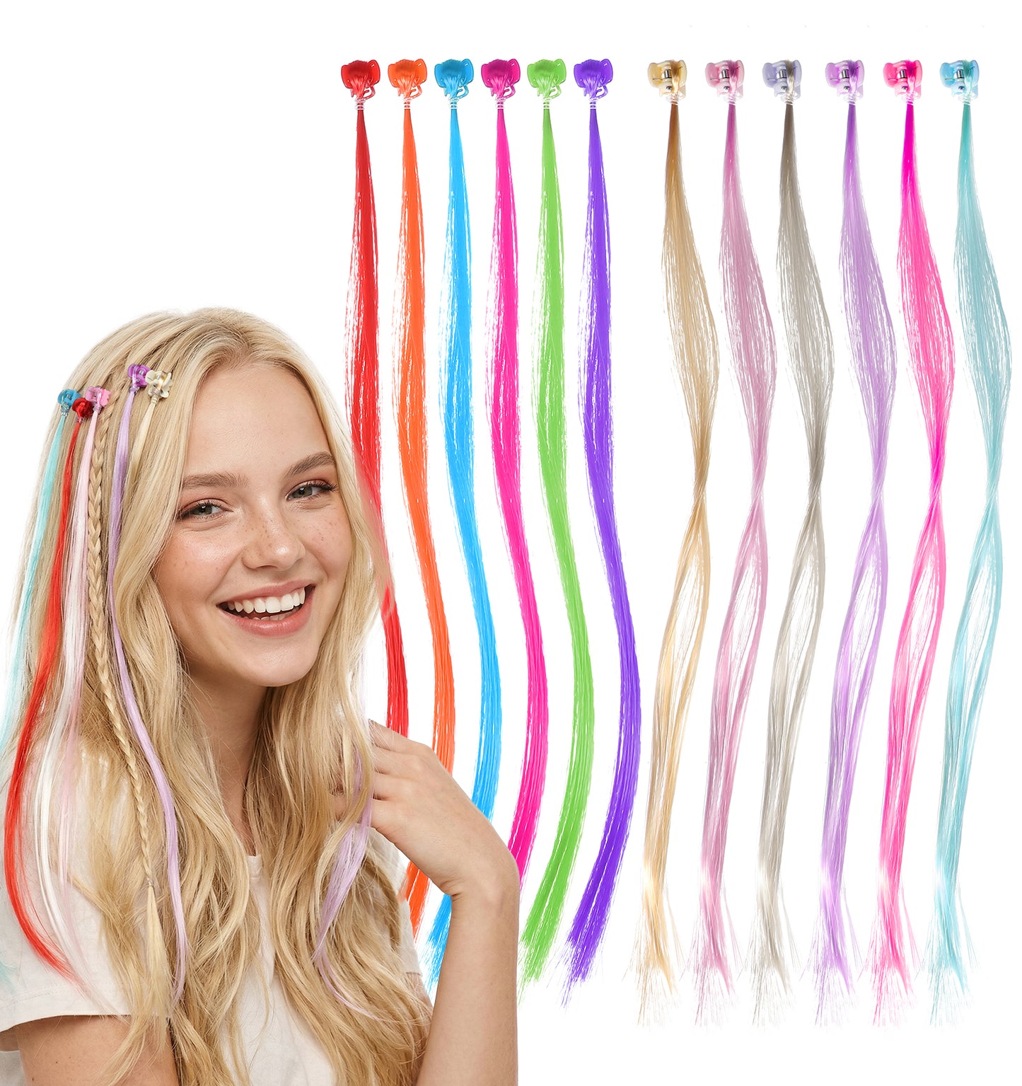 24 PCS Clip in Coloured Hair Extensions Kids, Clip in Hair Extension Kids, Rainbow & Macaron Colorful Hair Clips (12.2 Inch Long)