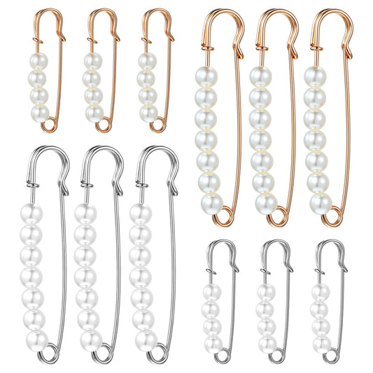 Guduling 12PCS Pearl Brooch Pins,Fashion Faux Pearl Brooch Pin for Women,2 Sizes Decorative Safety Pins with Faux Pearls,Large Shawl Pin for Women Clothing Dress Pants Skirt Accessories,Gold & Silver