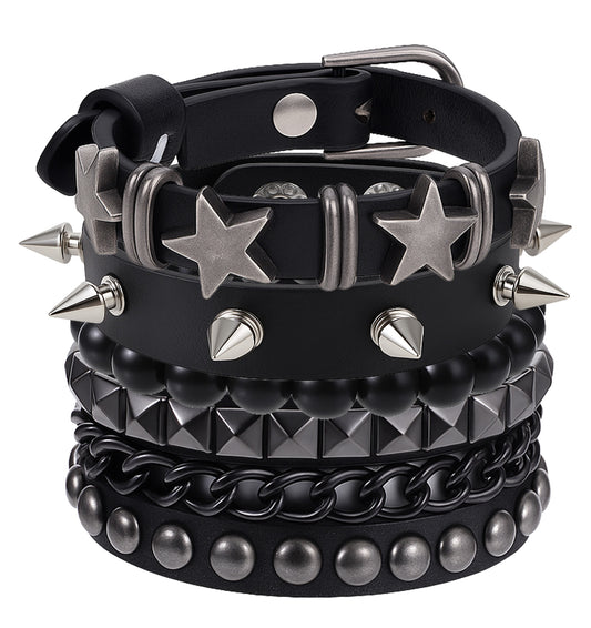 ValueBargain 4PCS Spiked Bracelet, Leather Cuff Punk Bracelet Set, Punk Rock for Men Women 80s Emo Goth Christmas Halloween Costumes