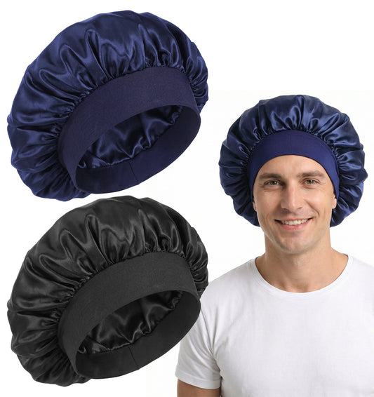 2 Pcs Bonnet Men, Silk Bonnet Men Hair Cover with Wide Band for Sleeping (Black & Navy)