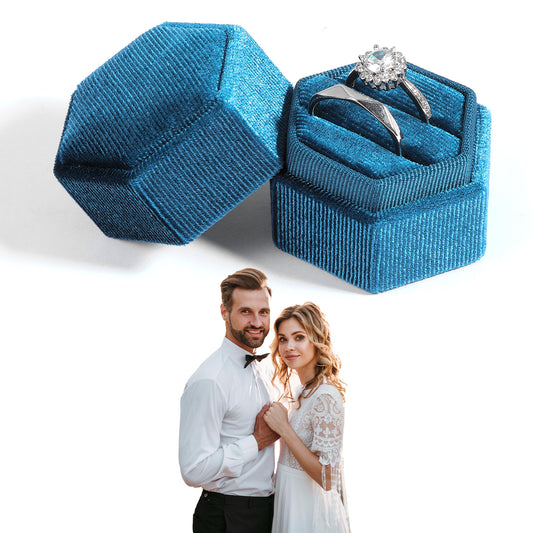 Classicseali Double Ring Box, Double Groove Hexagonal Ring Boxes for Jewellery, Can Hold 2 Rings, Wedding Rings Box, for Engagement Ceremony, Wedding, Valentine's Day, Blue