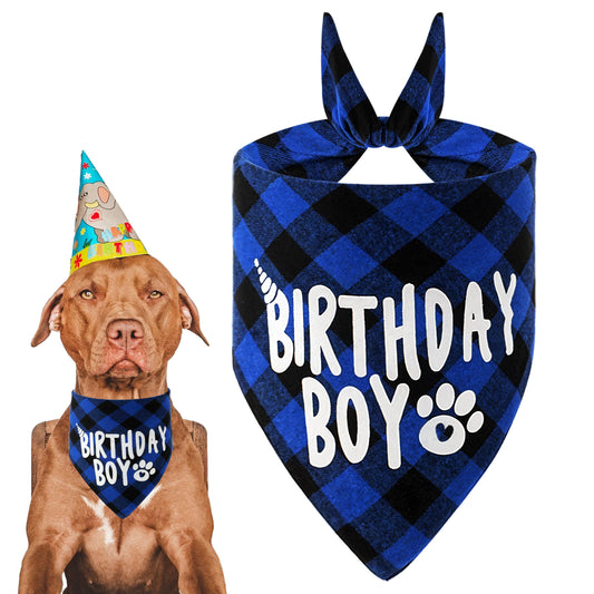 Classicseali Birthday Dog Bandana, Cotton Plaid Birthday Boy Dog Bandana, Long 27.95In Dogs Birthdays, Triangle Scarf for Multi Sizes Small Medium Large Dogs Pets, Royal Blue
