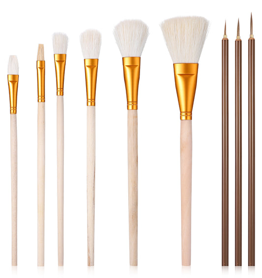 9 Pcs Pottery Glaze Brushes, Ceramic Brush Set for Raku Glaze, Blending Mop Brushes for Pottery Art, Acrylic Painting & Watercolor, Versatile Use