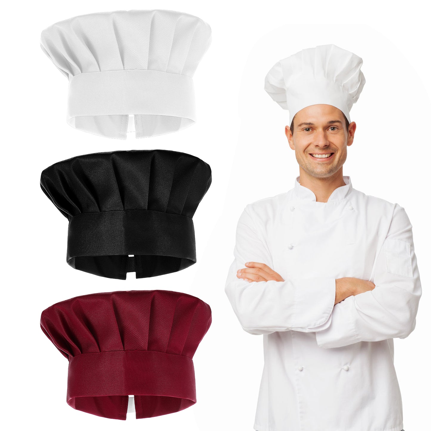 guduling 3-Pack Chefs Hat Men,Adjustable Elastic Chef's Hat,Unisex 3 Color Chef Hats for Men & Women, Perfect for Kitchen, Baking, Halloween & Christmas Parties