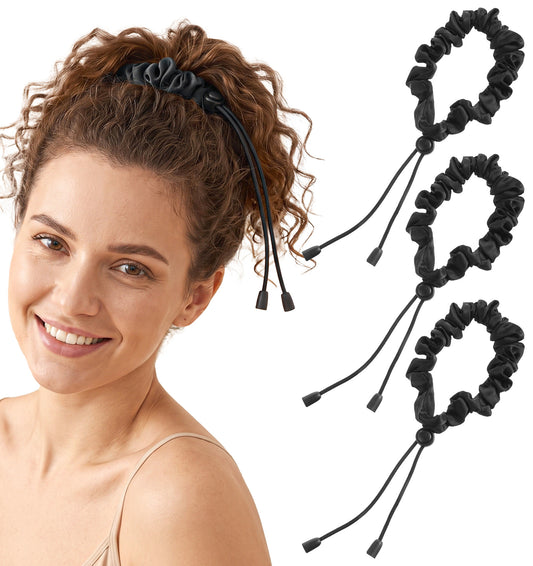 3 Pcs Adjustable Hair Ties, Black Satin Adjustable Scrunchie for Women