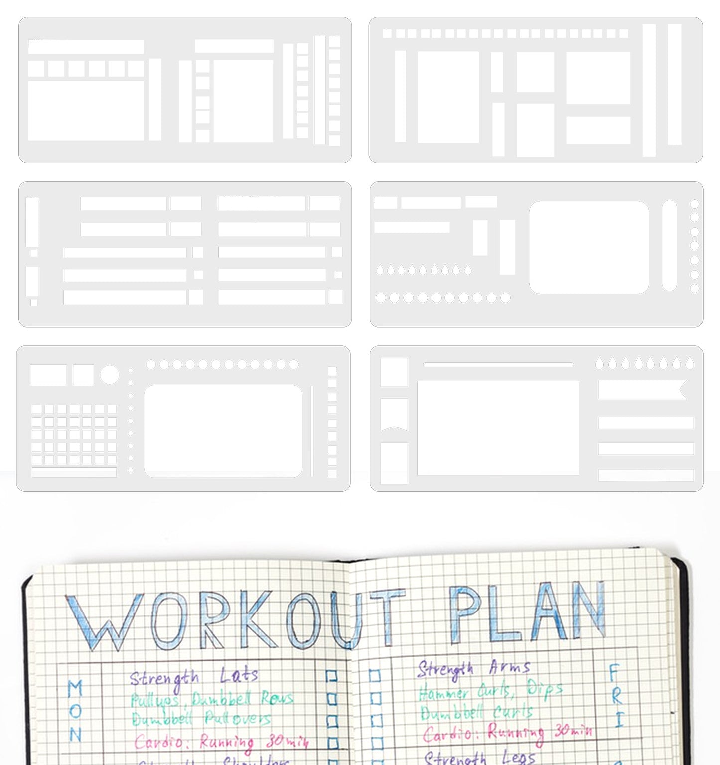 6 Pack Planner Stencil, Journaling Stencils for Planners, Handmade Flexible Templates for Checklists, Boxes & Lines, Daily Planning (6 Designs)