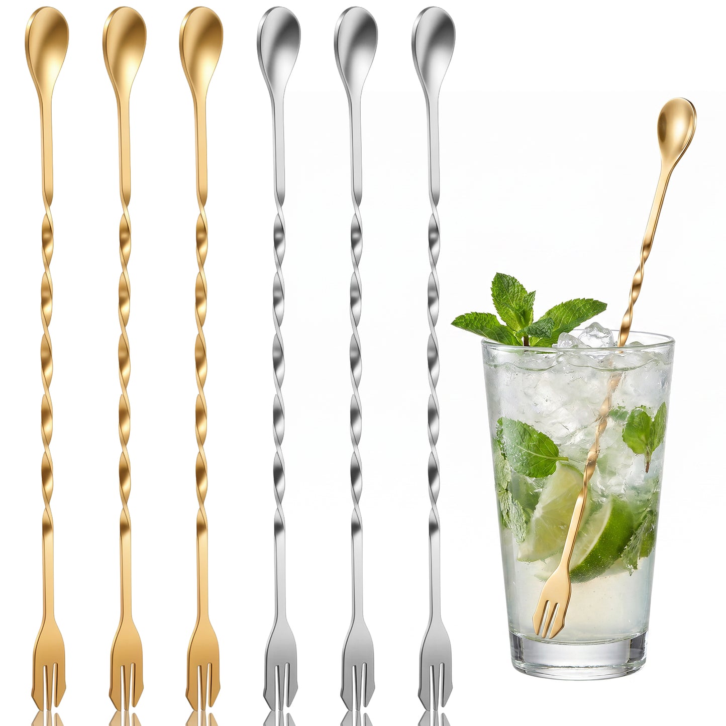 Elegaperma 6 Pcs Bar Spoon Set, 26cm Cocktail Stirrers with Spiral Design, 410 Stainless Steel Long Spoon for Bartending Drinks Coffee (Gold & Silver)