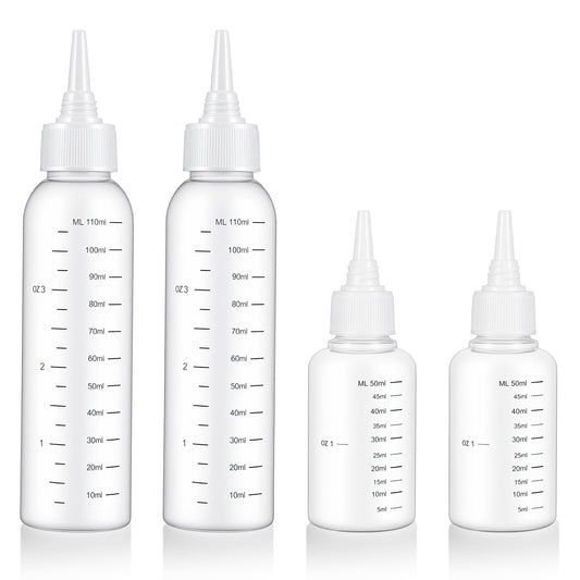 guduling 4 Pcs Hair Oil Bottle,Plastic Oil Bottle for Hair,Hairs Bottles Applicator with Clear Graduated Scale Twist-On Top Tip Cap, for Scalp Root Dye Container(2 Size)