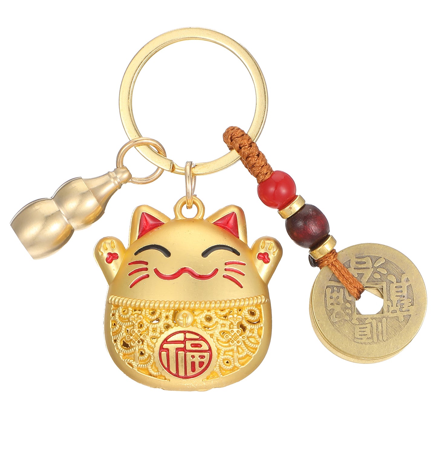 ValueBargain Cat Keyring, Brass Maneki Neko with Feng Shui Coins & Gourd