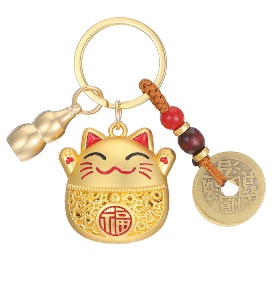 ValueBargain Cat Keyring, Lucky Cat Figurine with Feng Shui Coins & Red Tassel