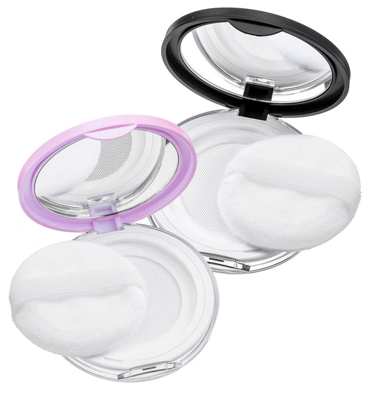 2 Pcs Loose Powder Containers with Puff & Mirror, 0.17 oz Refillable Empty Powder Compact Case, Portable Compact Travel Size Makeup Box for Pink & Black