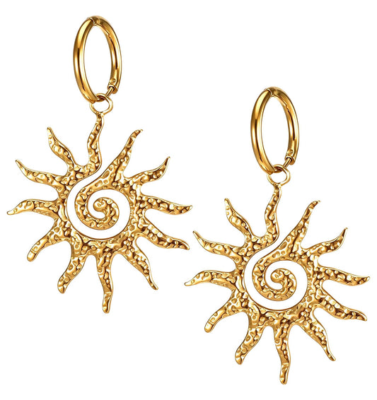Sun Earrings for Women, Gold Sun Earrings with Chunky Spiral Pendant