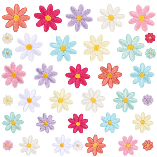 Elegaperma Pack of 36 Sew-On Patches, Iron-On Patches, Daisy Flowers Iron-On Patches in 9 Colours for Textiles, Hats, Jeans, Jackets