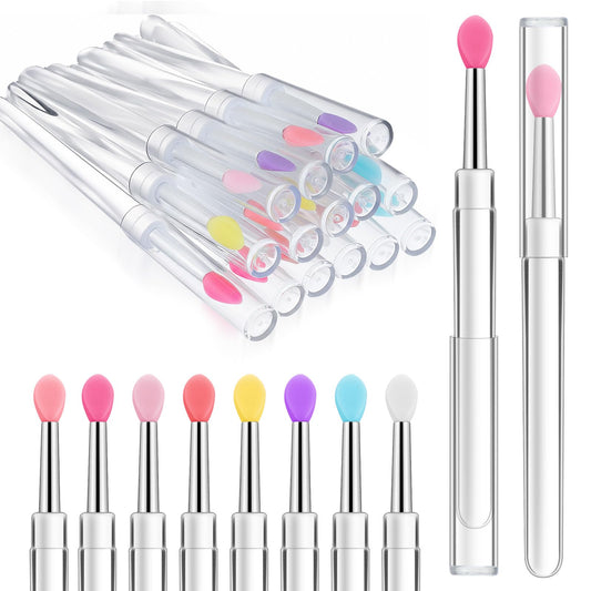 Guduling 16 Pcs Silicone Lip Applicator,Silicone Lip Brushes with Cap,Lips Applicators Reusable with Transparent Handles,Beauty Tool Kits for Lipstick Gloss Balm Eyeshadow(8 Color)