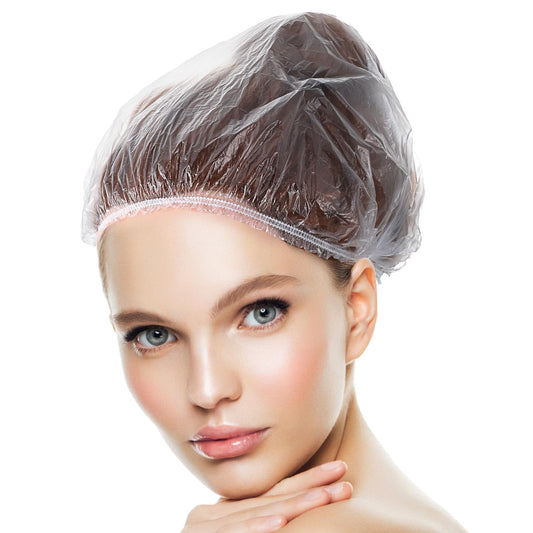 Oruola 100pcs Plastic Shower Caps,Disposable Shower Caps,Plastic Caps for Hair Treatment,42CM Plastic Elastic Shower Cap Disposable Waterproof Home Use Hotel Hair Salon Travel,Each Individual Package