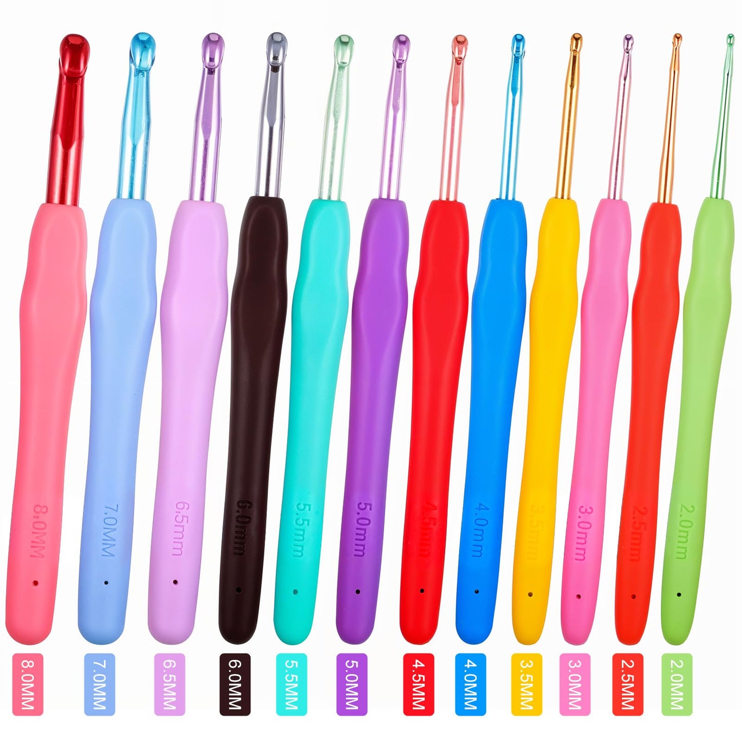 Oruola 12pcs Large Crochet Hooks,Metal Crochet Hooks with Grip Soft Handles,2mm,2.5mm,3mm,3.5mm,4mm,4.5mm,5mm,5.5mm,6mm,6.5mm,7mm, 8mm Crochet Hook,Ergonomic Crochet Hooks for Chunky Yarn Multicolor