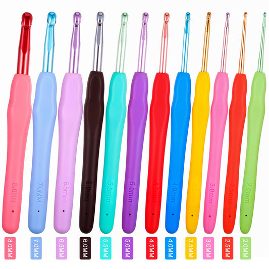 Oruola 12pcs Large Crochet Hooks,Metal Crochet Hooks with Grip Soft Handles,2mm,2.5mm,3mm,3.5mm,4mm,4.5mm,5mm,5.5mm,6mm,6.5mm,7mm, 8mm Crochet Hook,Ergonomic Crochet Hooks for Chunky Yarn Multicolor