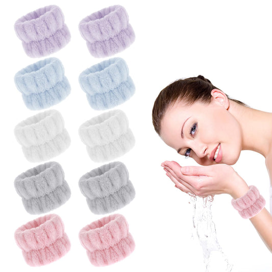 guduling Pack of 10 Wrist Wash Bands, Face Washing Bracelets, Wrist Spa Wash Band for Women Girls Makeup Washing Face and Shower Bath Accessories, Flannel Absorbent, Multicoloured
