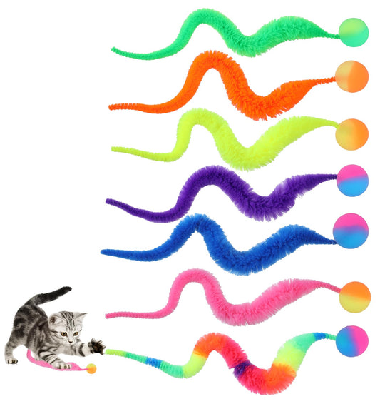 Elegaperma Bouncy Balls for Cats,7pcs Bouncy Tails Cat Toys,Fuzzy Worm Cat Toy with Ball,Interactive Cats Toy Worm,Colorful Fuzzy Balls for Pet Party Favors,Rainbow Colors