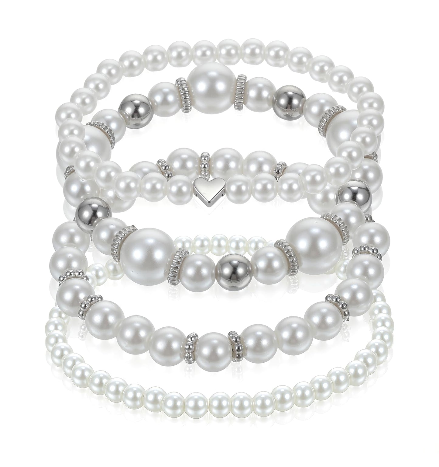 ValueBargain 4 Pcs Pearl Bracelets, Stackable Simulated Beaded Bracelets for Women, Elegant Silver Jewelry Set for Mothers, Bridesmaids, Weddings