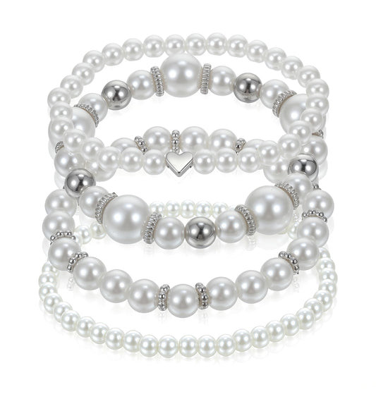 ValueBargain 4 Pcs Pearl Bracelets, Stackable Simulated Beaded Bracelets for Women, Elegant Silver Jewelry Set for Mothers, Bridesmaids, Weddings