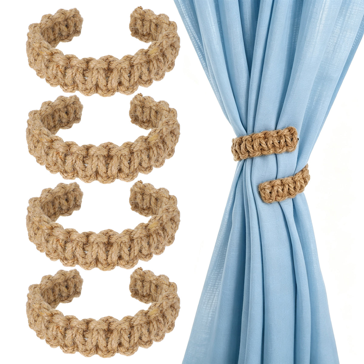 Oruola 4Pcs Rope Curtain Tie Backs, Boho Linen Braided Rope Tie Backs