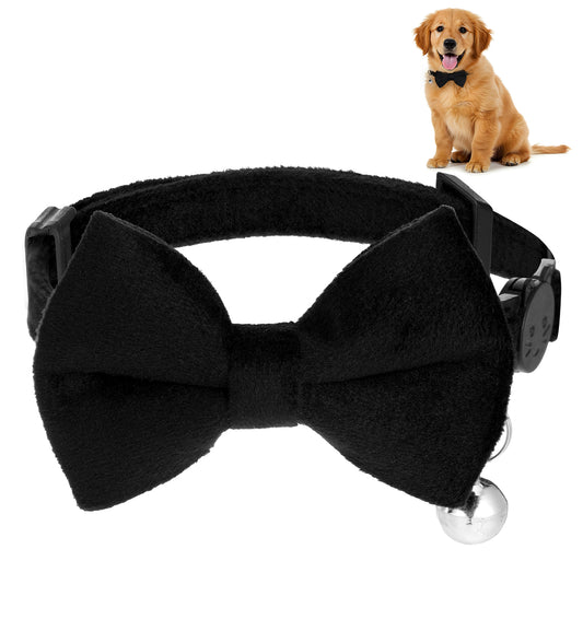 Dog Collar with Bowtie Soft Velvet Material with Quick Release Buckle for Small Dogs (Black, S)