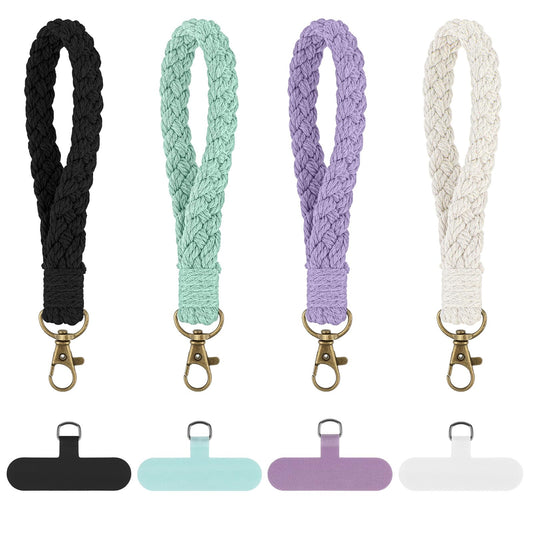 Classicseali Pack of 4 Macrame Keyrings, Braided Keyrings, Macrame Pendant Keys, Boho Style Bracelet Keyring, Wrist Lanyard, Black + Beige + Green + Purple