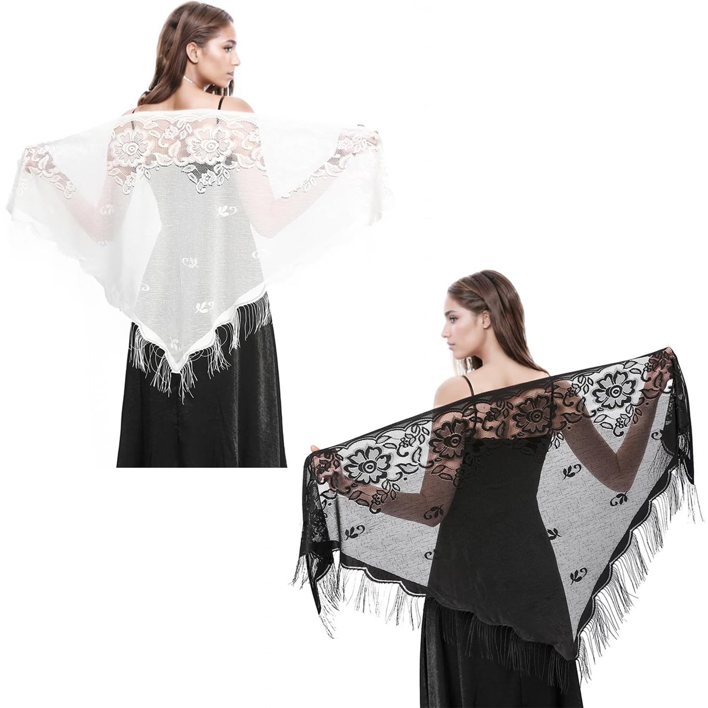 oruola 2pcs Shawls and Wraps for Evening Dresses,Black Lace Shawl with Tassels for Evening Party,Shawls and Wraps for Weddings,Triangle Shawl Wrap 1920s Shawl for Women(Black And White)
