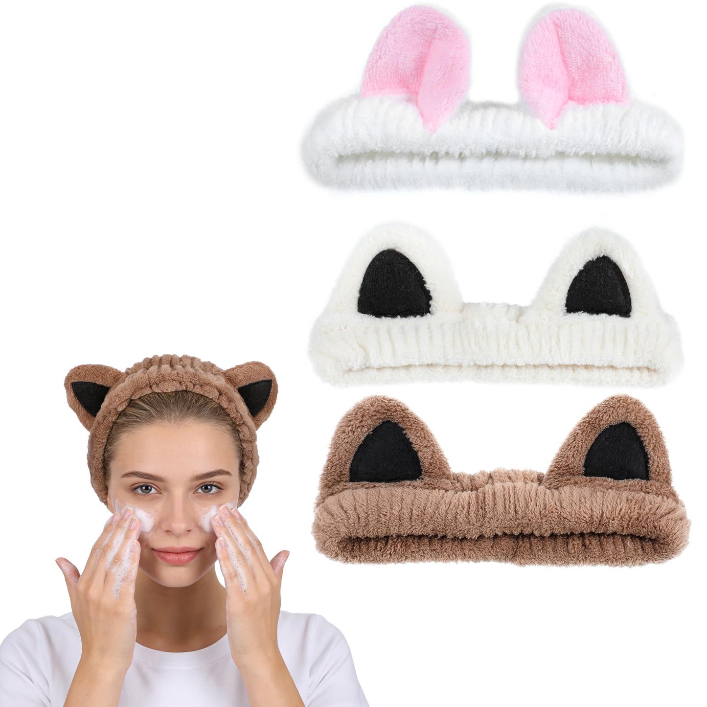 Elegaperma Pack of 3 Elastic Spa Hair Bands, Hair Band, Cosmetic, Cat Ears, Cosmetic Headband for Yoga, Sports, Showers, Exercises, Absorbent and Soft (Cream White, Coffee Brown, White)