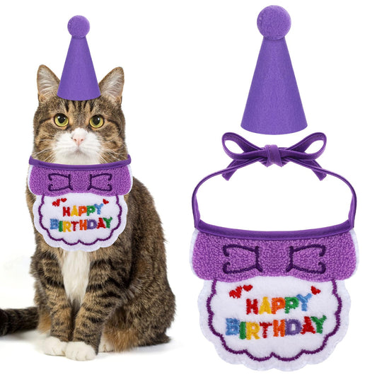Classicseali Cat Birthday Hat,Cute Pet Birthday Hat for Cat,Adjustable Embroidered Cats Birthdays Bandana with Bib, for Girls, Boys, Kittens and Dogs Party Supplies Decoration Set (Purple)