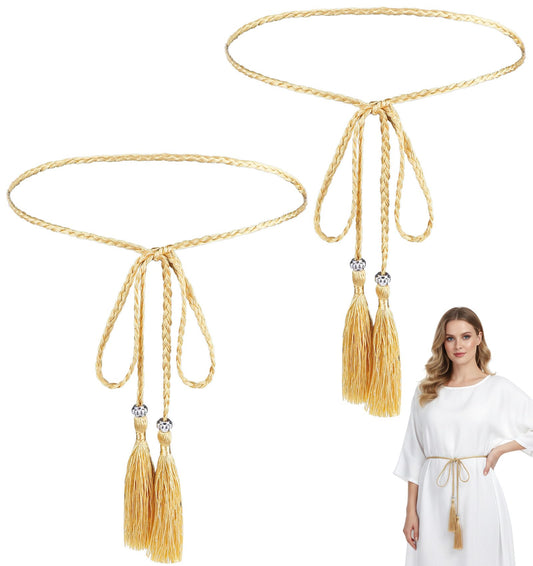 Thrymme Gold Rope Belt, 2PCS Polyester Braided for Women, Gold Rope Belt for Toga Costume for Skirt Dress Beach Christmas Festival (51.2 Inch)