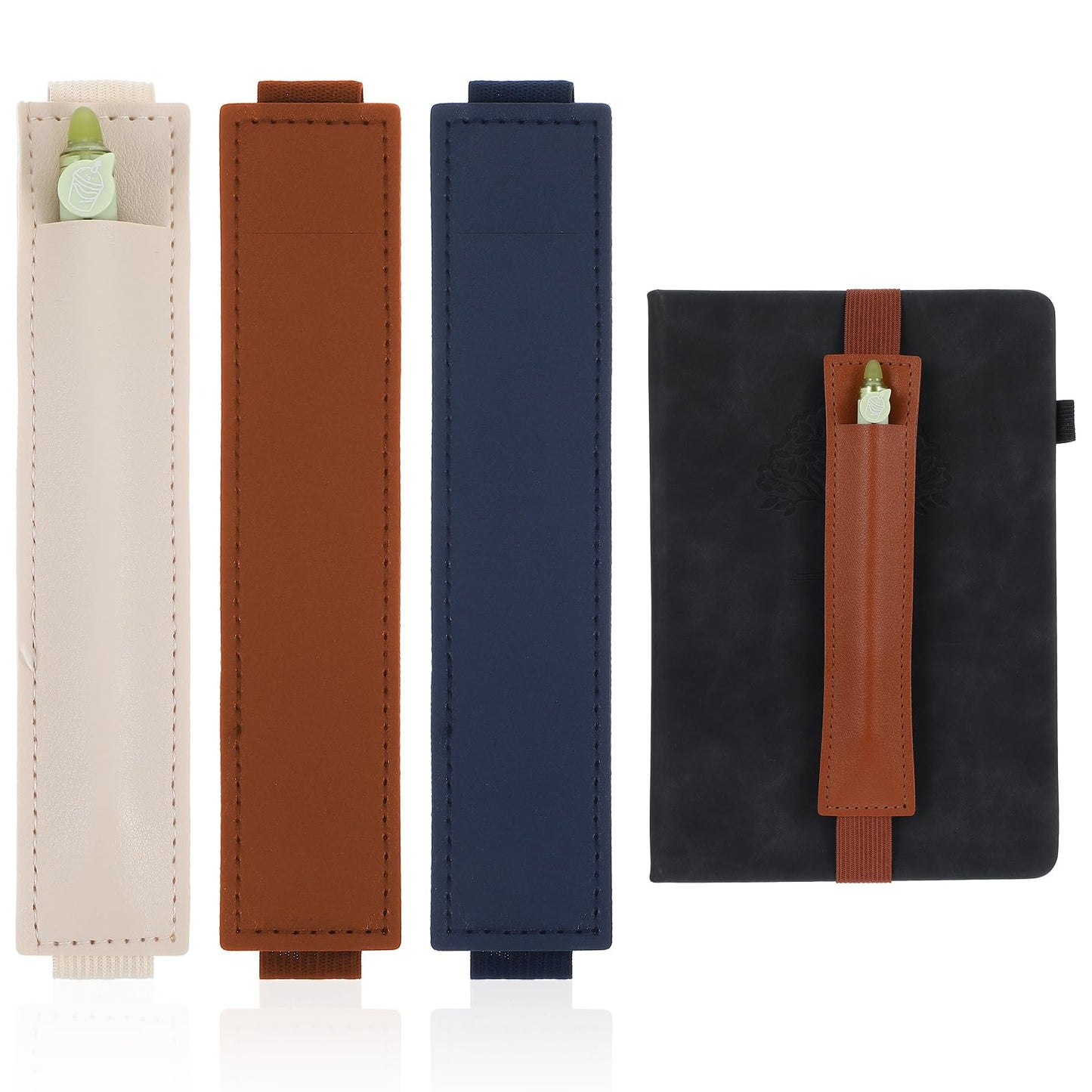 oruola 3pcs Pen Pouch,Pen Holder for Notebook,PU Leather Pen Sleeve Pouch,Pen Loop for Notebook with Adjustable Elastic Band,Pen Holder for Journal School Stationery Office Supplies(Blue,Brown,Beige)