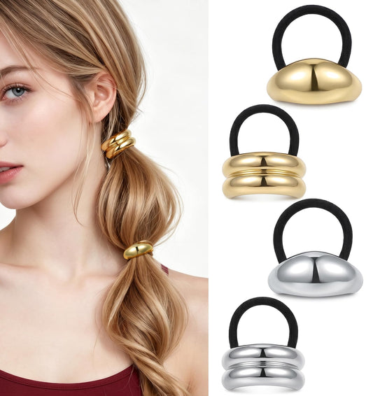 4 Pcs Gold Ponytail Cuff, Metal Geometric Elastic Hair Ties, Silver & Gold