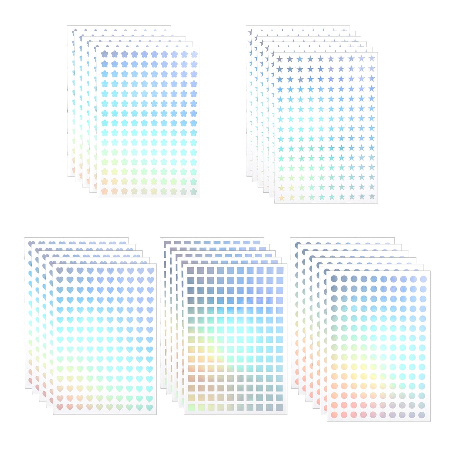 Guduling 2250 Pcs Self-Adhesive Holographic Stickers,Glitter Foil Stickers,Flower,Five-Pointed Star,Heart,Circle,Square 5 Different Shapes Foil Sticker for School Home DIY Office Classroom