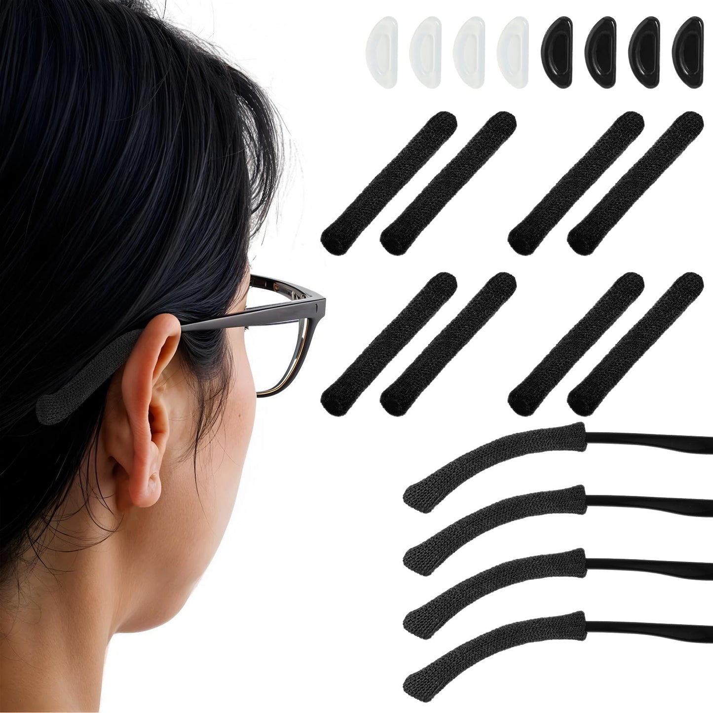 Classicseali 4 Pairs of Glasses Temple Pads, 4 Pairs of Glasses Nose Pads, Glasses Slip Stop, Soft Glasses Temple Cover, Cotton Fabric, Non-Slip Glasses Holder Ear for Glasses, Sunglasses, Reading