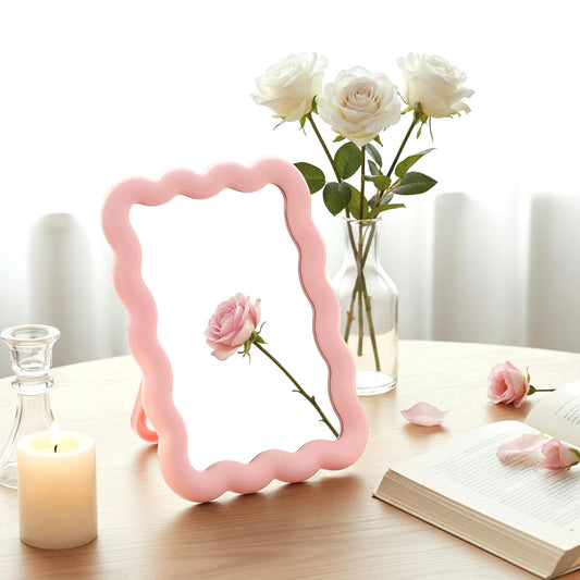ValueBargain Pink Mirror, 13.6 x 17.2 cm Cute Desk Accessories Small Mirror for Desk Locker Office Cubicle Accessories, Portable Folding Can Stand Table for Girl Women Office & Bedroom, Wavy Design