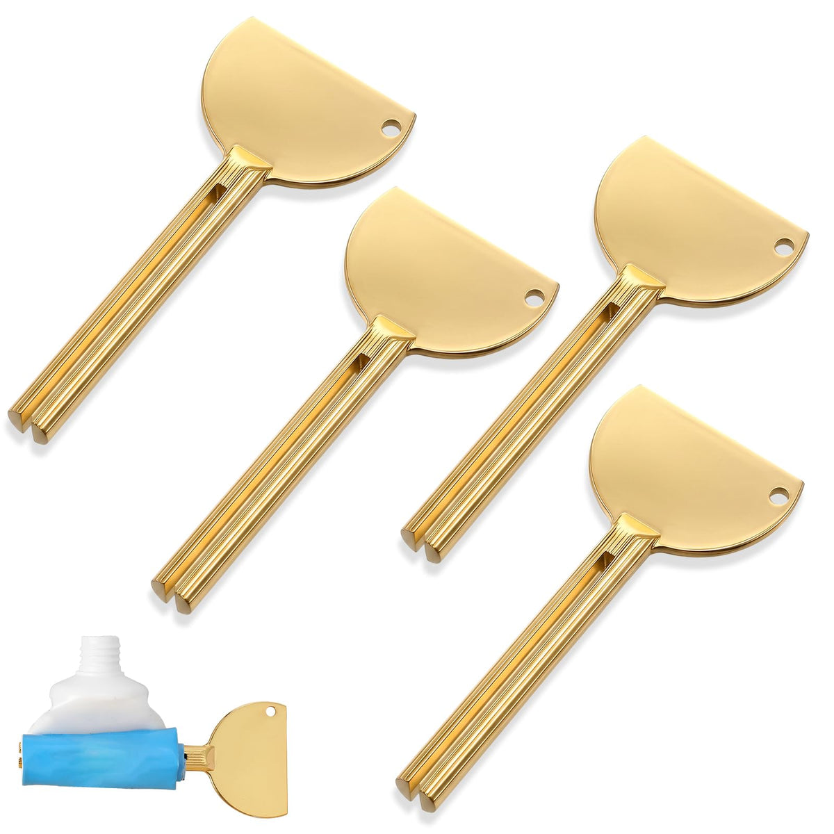 Classicseali Pack of 4 Tube Squeezers for All Tubes, Tube Roller, Stainless Steel, 7.2 x 3.2 x 0.7 cm Toothpaste Squeezer for Toothpaste, Paint, Ointment, Cosmetics, Shoe Cream, Hand Cream (Gold)