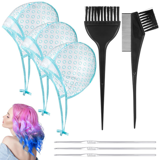 Guduling 3 Pcs Highlight Caps for Hair,Highlight Cap Kit,Highlights Combs for Highlighting with 3 Metal Hook and 2 Hair Dye Comb & Brush for Salon & DIY Dyeing