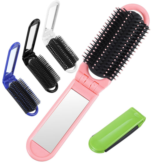 Collapsible Hair Brush, 5 Pcs Folding Brush for Purse, Foldable Hairbrush with Mirror for Women, Men, Kid, Travel, Home (5 Colors)